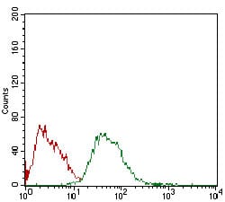 Figure 3: Flow cytometric analysis of HepG2 cells using CSF1R mouse mAb (green) and negative control (red).