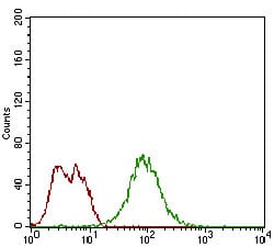 Figure 3: Flow cytometric analysis of MCF-7 cells using mSplunc2 mouse mAb (green) and negative control (red).