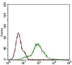 Figure 5: Flow cytometric analysis of Hela cells using CD68 mouse mAb (green) and negative control (red).