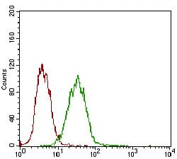 Figure 4: Flow cytometric analysis of A431 cells using EPCAM mouse mAb (green) and negative control (red).