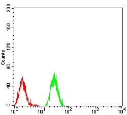 Figure 3:Flow cytometric analysis of Raji cells using HIST2H3C(27Ac) mouse mAb (green) and negative control (red).