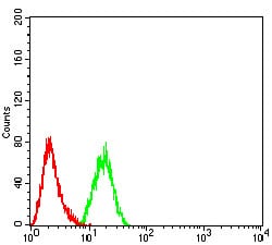 Figure 4:Flow cytometric analysis of Hela cells using DNMT3L mouse mAb (green) and negative control (red).