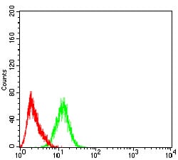 Figure 6:Flow cytometric analysis of HEK293 cells using PYCARD mouse mAb (green) and negative control (red).