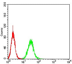 Figure 5:Flow cytometric analysis of A549 cells using PGRMC1 mouse mAb (green) and negative control (red).