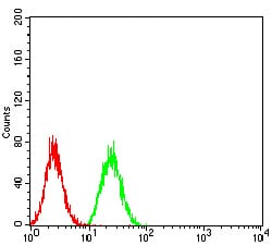 Figure 5:Flow cytometric analysis of Hela cells using IghA1 mouse mAb (green) and negative control (red).