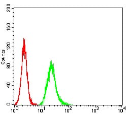 Figure 7:Flow cytometric analysis of Hela cells using NS1 mouse mAb (green) and negative control (red).