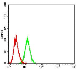 Figure 5:Flow cytometric analysis of Ramos cells using CD100 mouse mAb (green) and negative control (red).