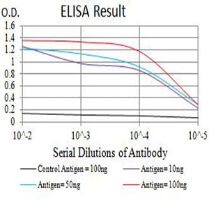 Figure 1: Black line: Control Antigen (100 ng);Purple line: Antigen (10ng); Blue line: Antigen (50 ng); Red line:Antigen (100 ng)