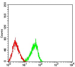 Figure 4:Flow cytometric analysis of HL-60 cells using CD3D mouse mAb (green) and negative control (red).