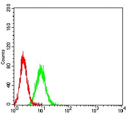 Figure 4:Flow cytometric analysis of K562 cells using LILRA3 mouse mAb (green) and negative control (red).