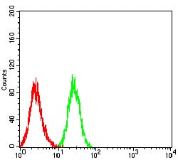 Figure 4:Flow cytometric analysis of HL-60 cells using CD49D mouse mAb (green) and negative control (red).