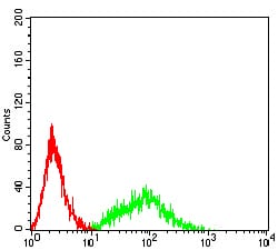 Figure 4:Flow cytometric analysis of HL-60 cells using CD141 mouse mAb (green) and negative control (red).