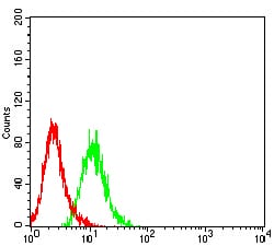 Figure 4:Flow cytometric analysis of HL-60 cells using CD27 mouse mAb (green) and negative control (red).