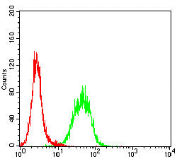 Figure 4:Flow cytometric analysis of Hela cells using HSP70 mouse mAb (green) and negative control (red).