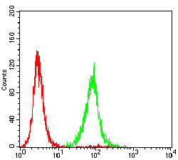 Figure 7:Flow cytometric analysis of HepG2 cells using PLAU mouse mAb (green) and negative control (red).