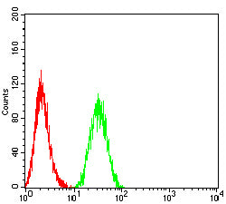 Figure 4:Flow cytometric analysis of K562 cells using CD235a mouse mAb (green) and negative control (red).