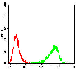 Figure 3:Flow cytometric analysis of HepG2 cells using HNF4A mouse mAb (green) and negative control (red).