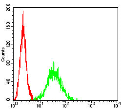 Figure 4:Flow cytometric analysis of THP-1 cells using S100A9 mouse mAb (green) and negative control (red).