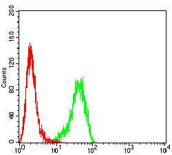 Figure 5:Flow cytometric analysis of THP-1 cells using BCL2 mouse mAb (green) and negative control (red).