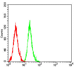 Figure 4:Flow cytometric analysis of MOLT4 cells using CD1A mouse mAb (green) and negative control (red).