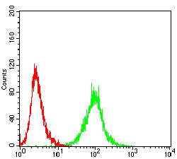 Figure 7:Flow cytometric analysis of Jurkat cells using NEDD9 mouse mAb (green) and negative control (red).