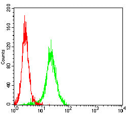 Figure 5:Flow cytometric analysis of Jurkat cells using CEACAM6 mouse mAb (green) and negative control (red).