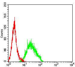 Figure 4:Flow cytometric analysis of HL-60 cells using PMEL mouse mAb (green) and negative control (red).