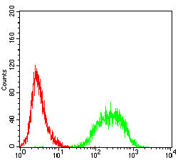Figure 4:Flow cytometric analysis of Jurkat cells using TLR10 mouse mAb (green) and negative control (red).