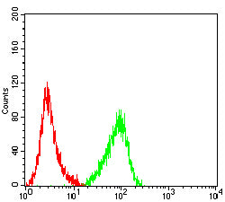 Figure 5:Flow cytometric analysis of Jurkat cells using G6D mouse mAb (green) and negative control (red).