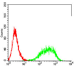 Figure 4:Flow cytometric analysis of HL-60 cells using TLR10 mouse mAb (green) and negative control (red).