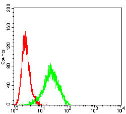 Figure 4:Flow cytometric analysis of PC-3 cells using PSCA mouse mAb (green) and negative control (red).