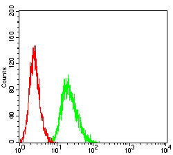 Figure 6:Flow cytometric analysis of K562 cells using CD273 mouse mAb (green) and negative control (red).