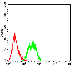 Figure 4: Flow cytometric analysis of THP-1 cells using CD267 mouse mAb (green) and negative control (red).