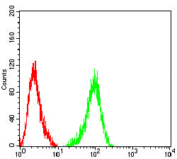 Figure 6: Flow cytometric analysis of THP-1 cells using CD314 mouse mAb (green) and negative control (red).