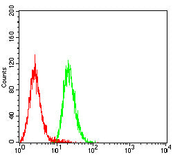 Figure 5: Flow cytometric analysis of THP-2 cells using CD267 mouse mAb (green) and negative control (red).