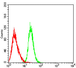 Figure 5: Flow cytometric analysis of THP-1 cells using GSN mouse mAb (green) and negative control (red).