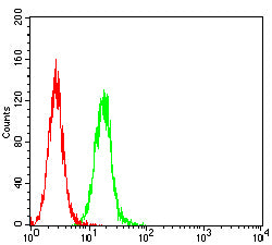 Figure 5: Flow cytometric analysis of Hela cells using GATA3 mouse mAb (green) and negative control (red).