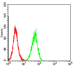 Figure 5: Flow cytometric analysis of SK-OV-3 cells using CDX2 mouse mAb (green) and negative control (red).