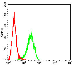 Figure 4: Flow cytometric analysis of THP-1 cells using CD303 mouse mAb (green) and negative control (red).