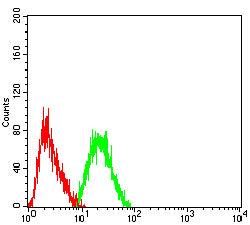 Figure 3: Flow cytometric analysis of Jurkat cells using CD303 mouse mAb (green) and negative control (red).