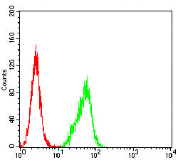Figure 5: Flow cytometric analysis of C6 cells using CHGA mouse mAb (green) and negative control (red).