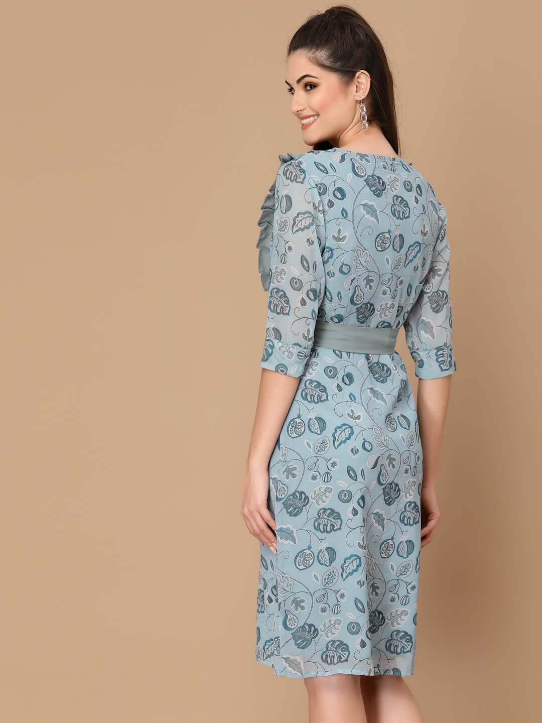 KASSUALLY Turquoise Blue & Beige FloralPrinted Fit and Flare Dress