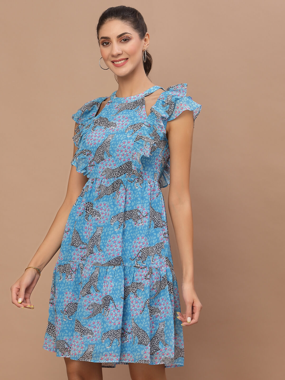 KASSUALLY Turquoise Blue & Beige FloralPrinted Fit and Flare Dress