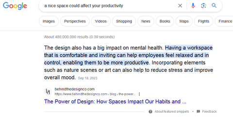 Google screenshot from how nice spaces affects our productivity