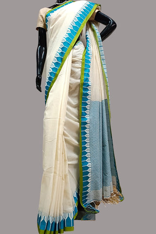 Off white Blue soft Handloom cotton saree