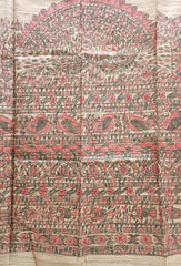 Beige Handloom Ghicha Tussar Silk Saree With Madhubani Print (Marron-Black)