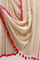 Beige & Red Handloom Soft Mull Cotton Saree