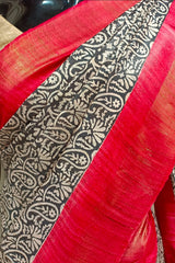 Black & Red Printed Ghicha Tussar Silk Saree Black & Red Printed Ghicha Tussar Silk Saree With Zari &  Red Contrast Solid Border   all over Saree Print Pagely & Florals Design on Body, By Off White & Black Color    Saree Anchal Red Contrast With Zari Stripes &  Saree Blouse Red Contrast