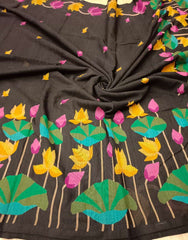 Black & Multi Coloured, handspun, handwoven soft cotton Jamdani saree