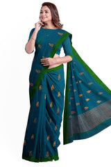 Bright Blue Soft Handloom Cotton saree With Green Border